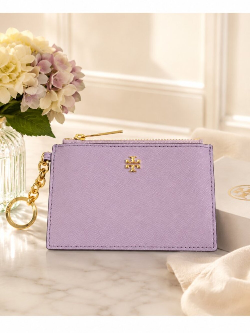 Tory Burch Lilac Saffiano Leather Card Case with Gold Keychain